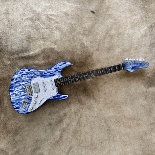 HSS Strat Style Electric Guitar – Hand-Painted Blue Smear