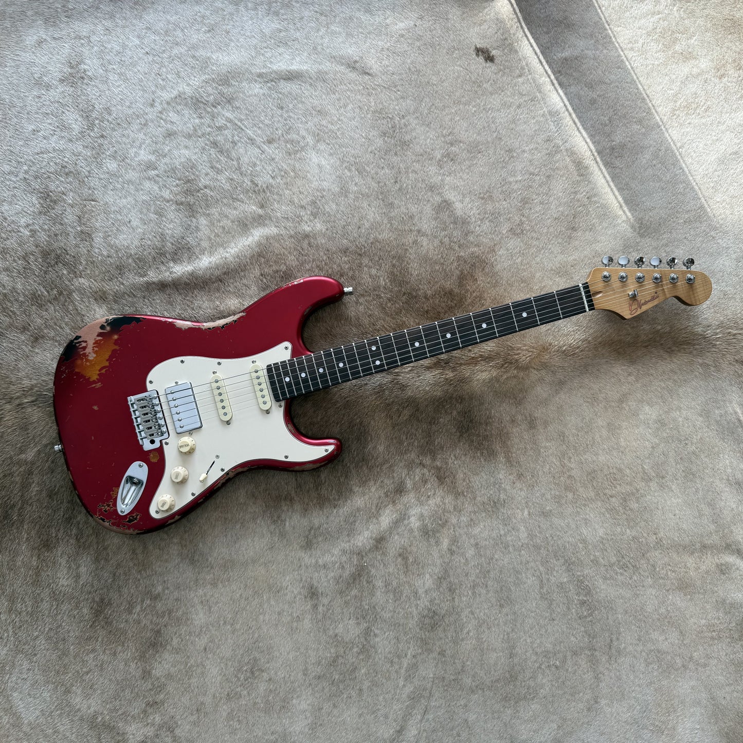 HSS Strat Style Electric Guitar – Metallic Red Over Sunburst