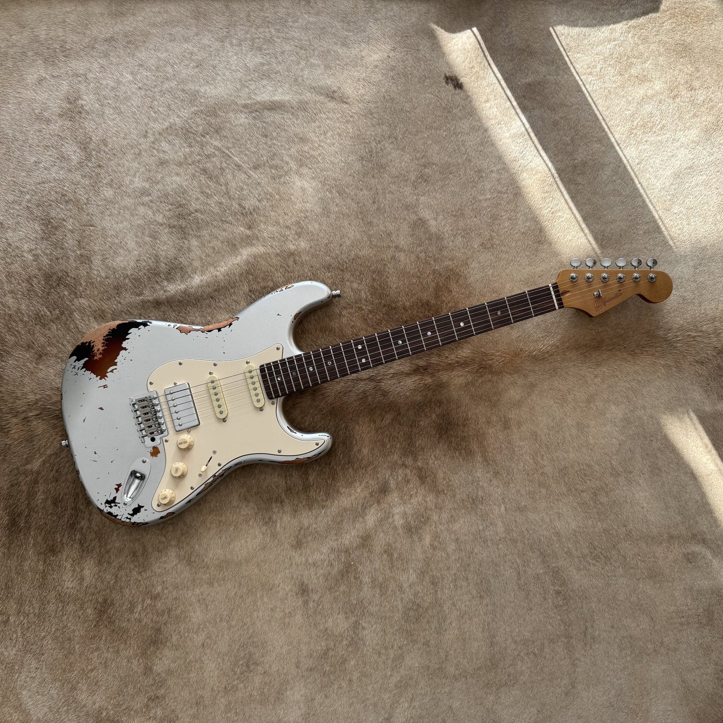 HSS Strat Style Electric Guitar – Silver Over Sunburst