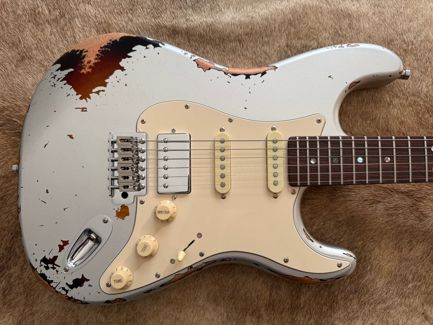 HSS Strat Style Electric Guitar – Silver Over Sunburst