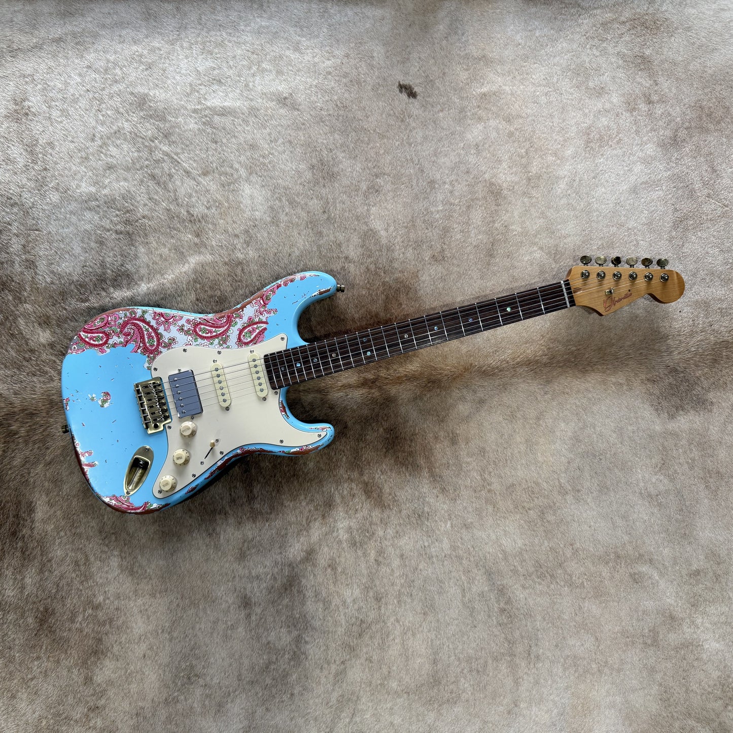 HSS Strat Style Electric Guitar – Surfblue Over Paisley
