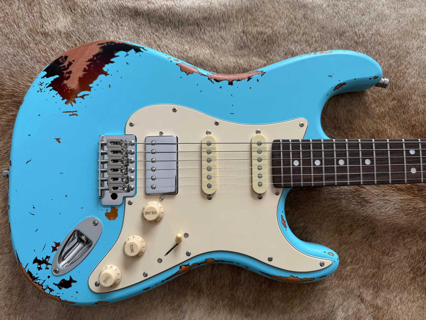 HSS Strat Style Electric Guitar – Surfblue Over Sunburst
