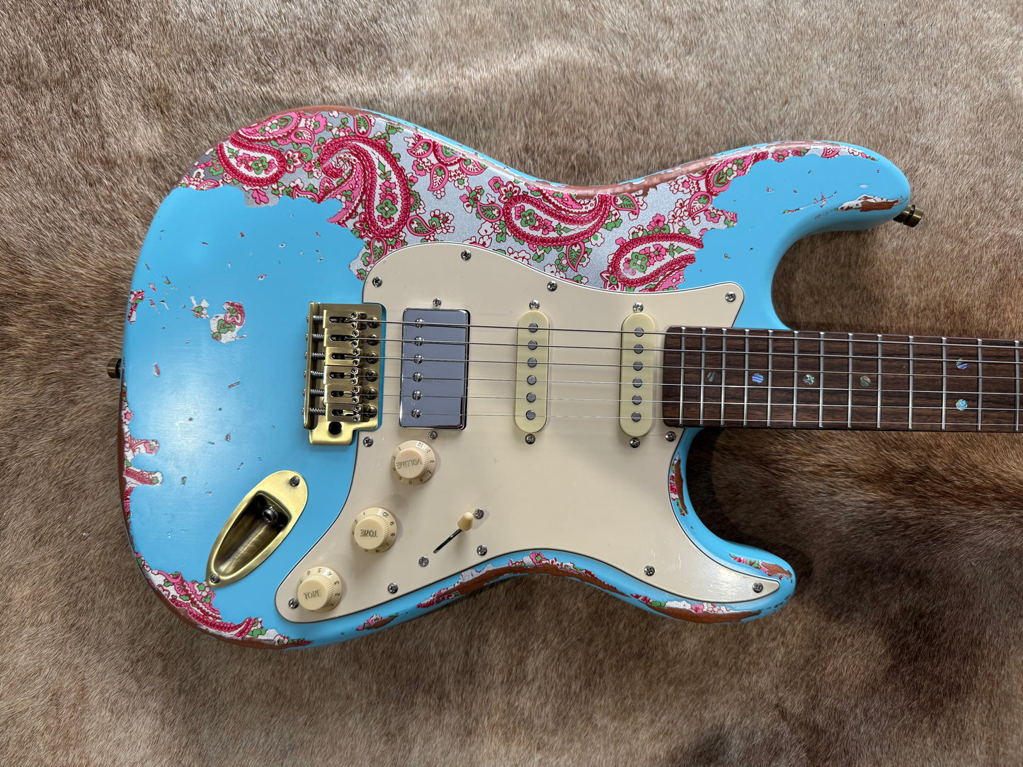 HSS Strat Style Electric Guitar – Surfblue Over Paisley