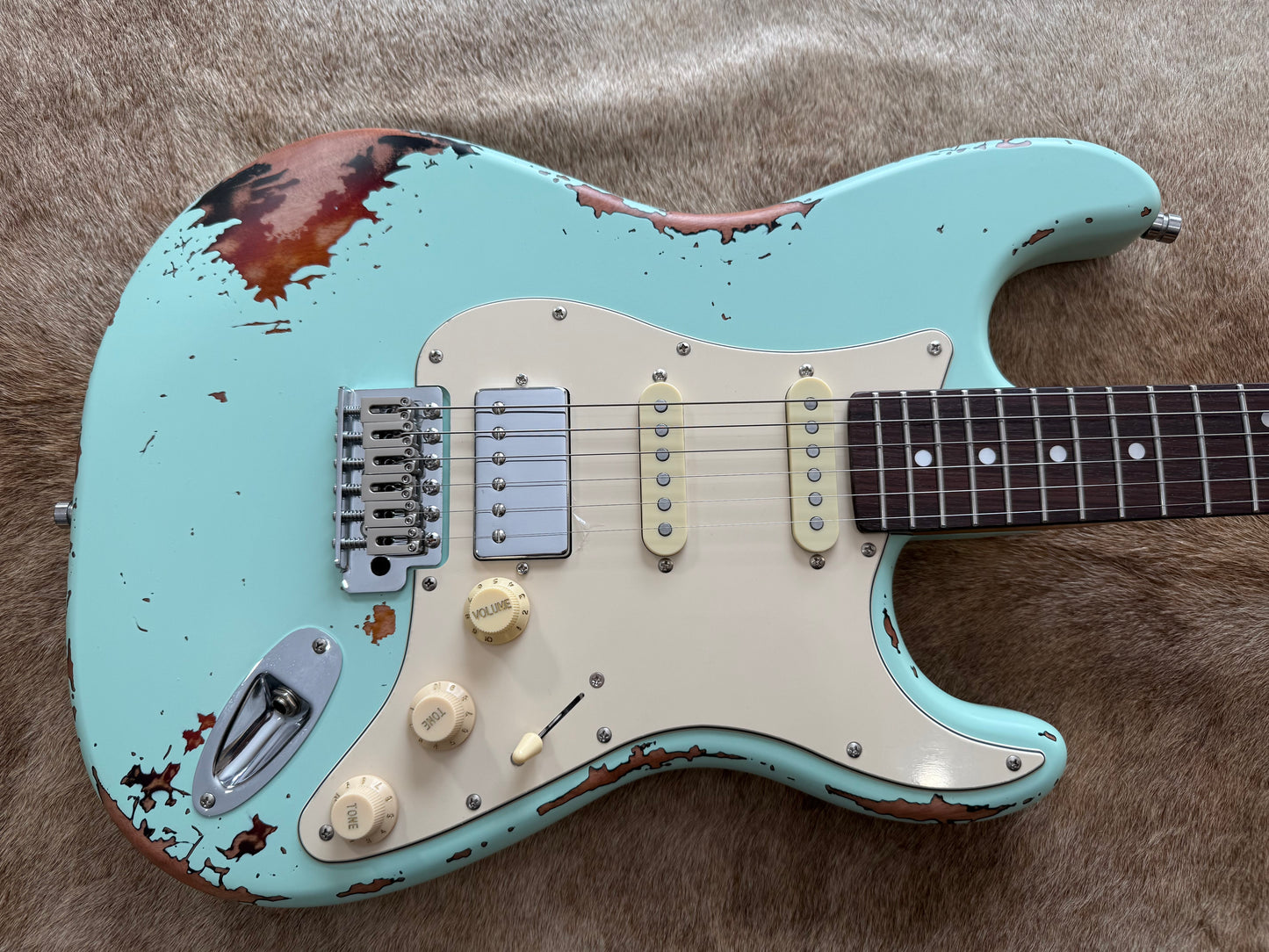 HSS Strat Style Electric Guitar – Surfgreen Over Sunburst